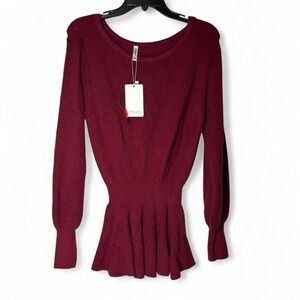 ePretty Womens XL Burgundy Ribbed Babydoll Peplum Pullover Sweater Synched NWT
